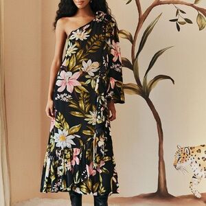 FARM Rio One Shoulder Floral Midi Dress XXS Black Tropical Ruffle Wedding Guest